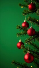 A Christmas tree with red balls hanging from the branches and a green background, Decorative balls, Holiday decor