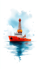 Fototapeta premium A vibrant illustration of an orange ship with a drilling rig, floating on calm waters under a blue sky with soft clouds.