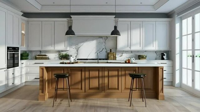 Sunlit modern kitchen with island, white cabinets, marble backsplash, and wooden stools.