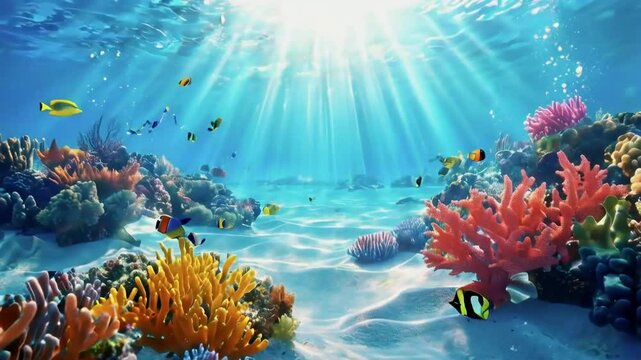 Vibrant underwater scene with colorful coral reef and fish swimming in clear blue water, sun rays shining through the surface.