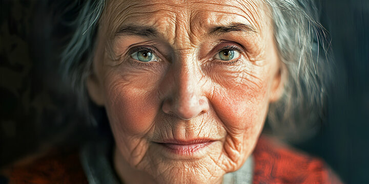 Close-up portrait of beautiful old woman, over dark blue background