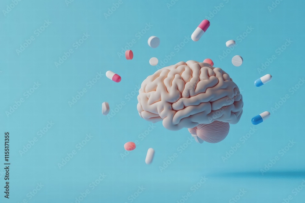 Poster Human brain 3D model surrounded by colorful pills representing mental health and wellness concepts. Generative AI