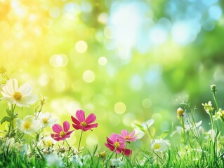 Juicy green grass and wildflowers in a meadow with drops of water dew in the morning light in spring summer outdoor. Beautiful artistic image of purity and freshness of nature, copy space.