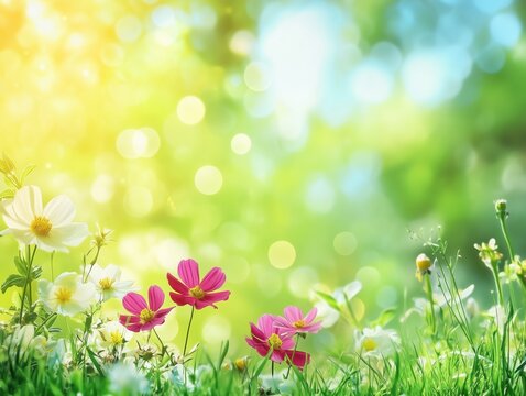Juicy green grass and wildflowers in a meadow with drops of water dew in the morning light in spring summer outdoor. Beautiful artistic image of purity and freshness of nature, copy space.