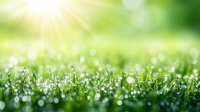 Juicy green grass on meadow with water dew drops in morning light in spring summer outdoor close-up, macro shot. Beautiful artistic image of purity and freshness of nature, copy space.