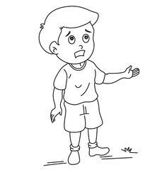 Cute cartoon hand drawn vector lonely sad boy coloring page.