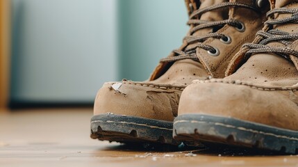 Defects on Pieces of Work Concept, Worn Out Pair of Shoes with Visible Tears and Damage on a Wooden Floor in a Domestic Setting