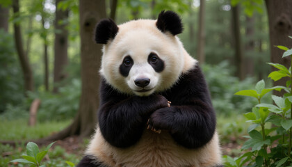 Panda doing a stretching yoga pose, with a calm and focused expression, in a tranquil forest setting