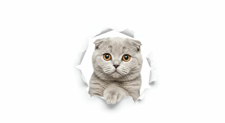 Adorable Scottish Fold Kitten Peeking Through Torn Paper Frame - Gray Fur and White Background