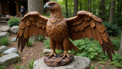 Fototapeta premium Majestic eagle totem carved from wood, placed on a natural stone base, with intricate feather details