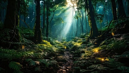 Obraz premium A Dense Forest Illuminated by Starlight Filtering Through the Canopy, with Glowing Plants and Fungi