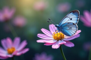 A delicate blue butterfly perched on a flower with petals in the background, nature, blue butterfly
