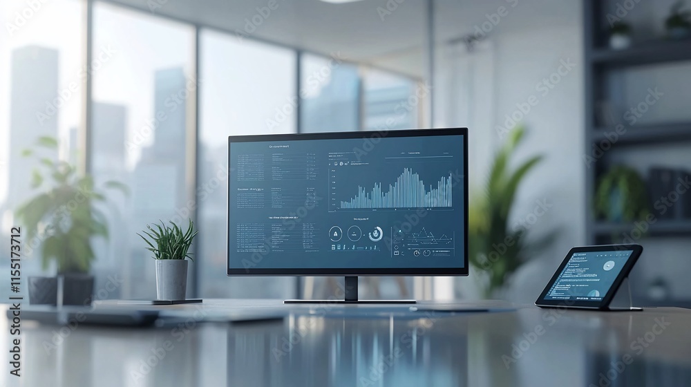 Poster Modern office workspace with computer displaying data analytics.