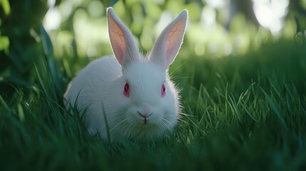 Albino Rabbit with Pink Eyes in Grassy Field