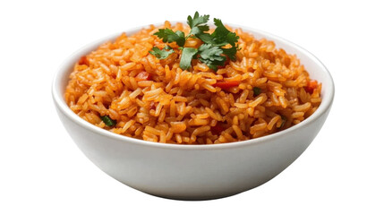 Mexican rice garnished with fresh parsley in white ceramic bowl on transparent background.