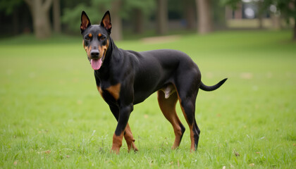 Confident Doberman Pinscher with cropped ears, standing alert in a grassy field, with sharp focus on its features