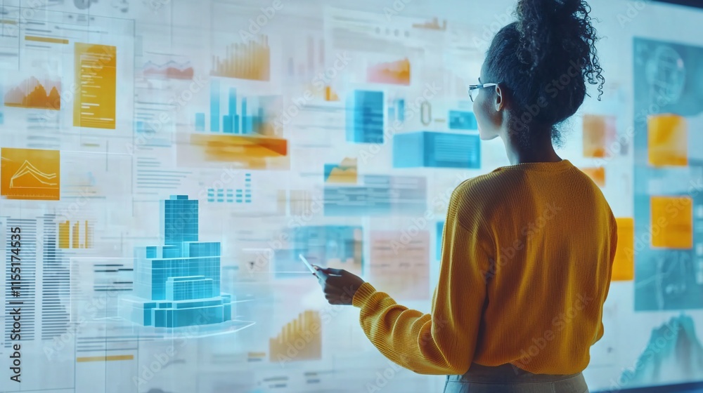 Poster Woman analyzing data on interactive display.