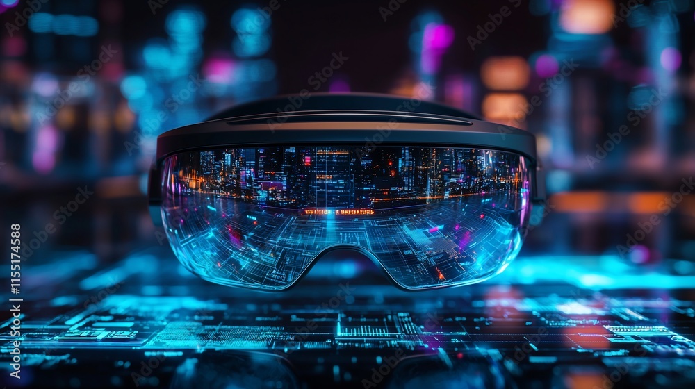 Poster futuristic smart glasses displaying augmented reality city view on circuit board.