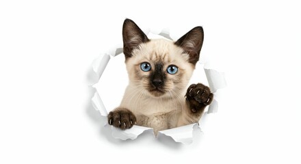 Obraz premium Playful Siamese Kitten Breaking Through Torn Paper - A Beautiful Pet Portrait