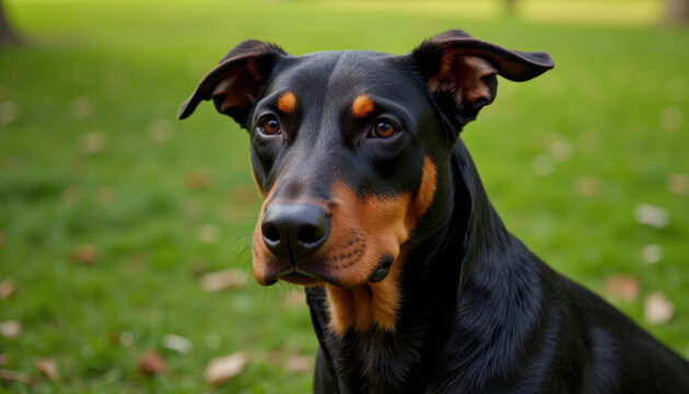 Close-up of a Doberman Pinscher with cropped ears, showing sleek coat and intense gaze in natural light - Powered by Adobe