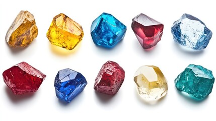 Fototapeta premium Set of spinel gem stone. Colorful gem stones set in various colors - yellow, red, white, blue and turquoise. Isolated on white background