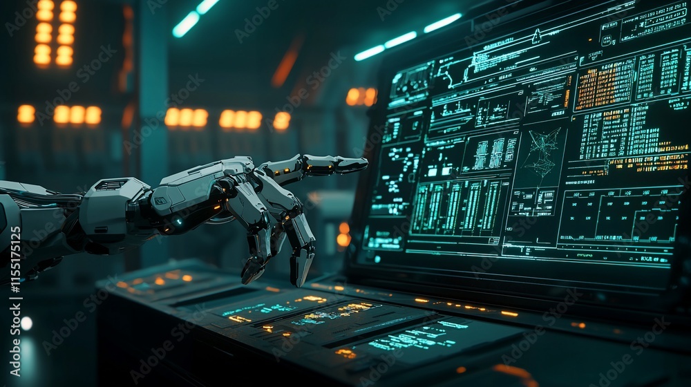 Poster Robotic hand interacts with futuristic computer interface.