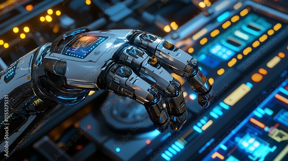 Poster Robotic hand interacting with futuristic technology.
