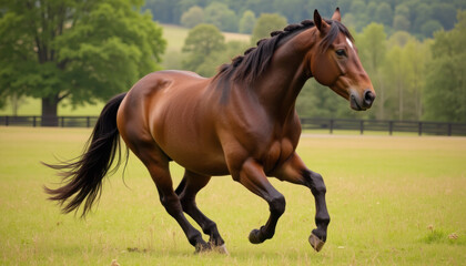 Fototapeta premium Horse with braided mane, galloping through a field, with flowing braids in the wind