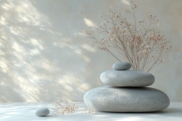 Zen-like Stacked Stones with Dried Flowers, Perfect for Spa or Wellness Imagery