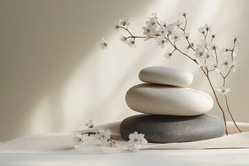 Zen-like Stacked Stones with Dried Flowers, Perfect for Spa or Wellness Imagery