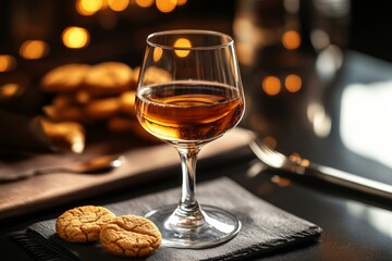 Naklejka premium Elegant Amber Drink with Cookies, Perfect Evening Mood