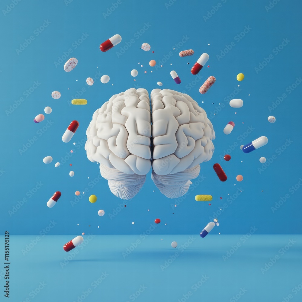 Aufkleber 3D model of a human brain surrounded by colorful pills representing health and wellness concepts in a studio setting. Generative AI