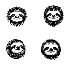 4 Set of Black Sloth Face Silhouettes Isolated on White Background