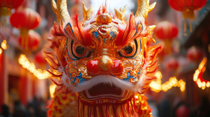 Fototapeta premium close-up photo of Large Chinese dragon puppet head It is a popular show during the Chinese New Year. 