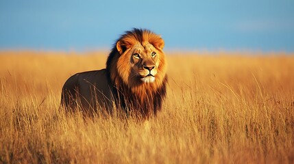Majestic Lion in African Savannah. Wildlife, King of the Jungle, Predator, Safari, Nature, Golden Hour