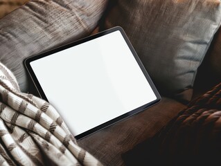 Cozy iPad Mockup on Sofa - Relaxed and Minimalist Design Setting