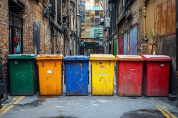 Colorful Trash Bins in Urban Alley 