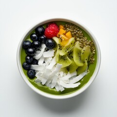 Unique matcha smoothie bowl. Featuring matcha, coconut, and fresh fruit