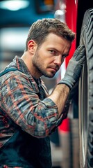 Mechanic inspecting truck tire in repair shop