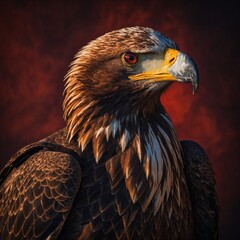 A majestic eagle emerging from the shadows, with a fiery red background.