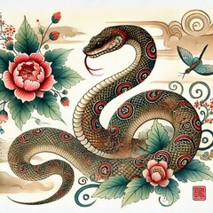 Obraz premium Chinese Zodiac Snake Sign - Year of the Snake - Cycle of Animals and Chinese Calendar - Asian Zodiac and Astrology - New Year Animal - Water, Earth, Wood, Metal and Fire - Watercolor Painting