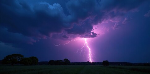 A flash of lightning illuminates the dark summer sky with a stormy atmosphere, dark clouds, stormy atmosphere