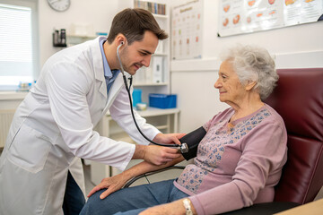 Obraz premium A man is helping an elderly woman take her blood pressure