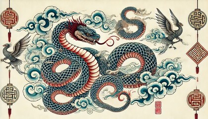Chinese Zodiac Snake Sign - Year of the Snake - Cycle of Animals and Chinese Calendar - Asian Zodiac and Astrology - New Year Animal - Water, Earth, Wood, Metal and Fire - Watercolor Painting