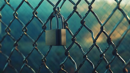 Padlock on the chain link fence at night, security concept