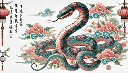 Obraz premium Chinese Zodiac Snake Sign - Year of the Snake - Cycle of Animals and Chinese Calendar - Asian Zodiac and Astrology - New Year Animal - Water, Earth, Wood, Metal and Fire - Watercolor Painting