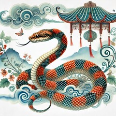 Obraz premium Chinese Zodiac Snake Sign - Year of the Snake - Cycle of Animals and Chinese Calendar - Asian Zodiac and Astrology - New Year Animal - Water, Earth, Wood, Metal and Fire - Watercolor Painting