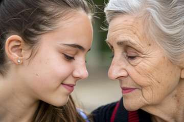 A young girl is looking at an older woman