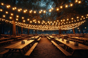 Outdoor Picnic Tables at Night with String Lights