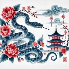 Chinese Zodiac Snake Sign - Year of the Snake - Cycle of Animals and Chinese Calendar - Asian Zodiac and Astrology - New Year Animal - Water, Earth, Wood, Metal and Fire - Watercolor Painting